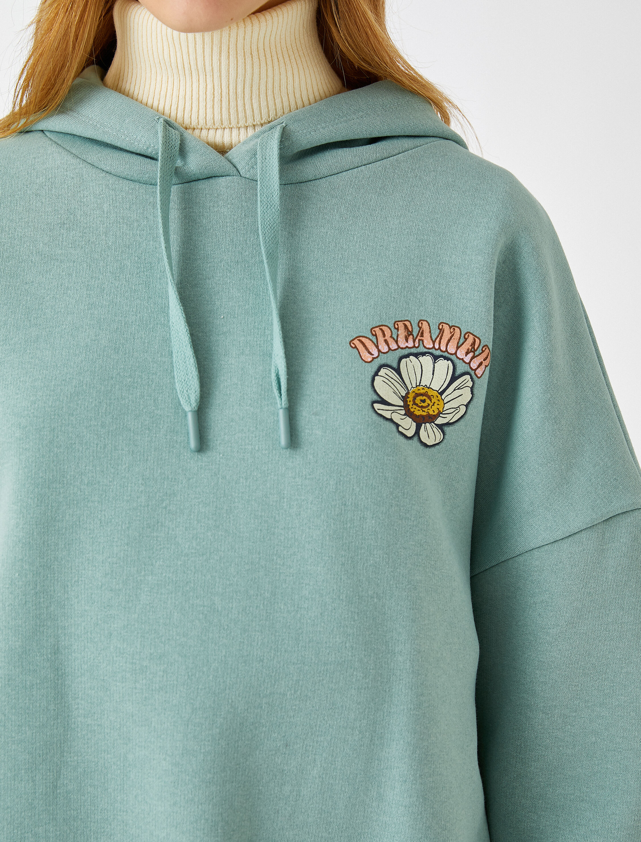   Oversize Sweatshirt Kapüşonlu Baskılı İçi Polarlı