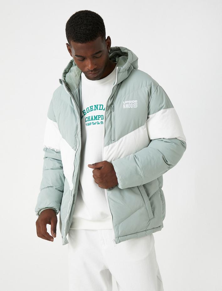  Kapşonlu Şişme Mont Baskılı Su Geçirmez