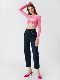 Pul Detaylı Yüksek Bel Kot Pantolon - Straight Fit Eve Jean