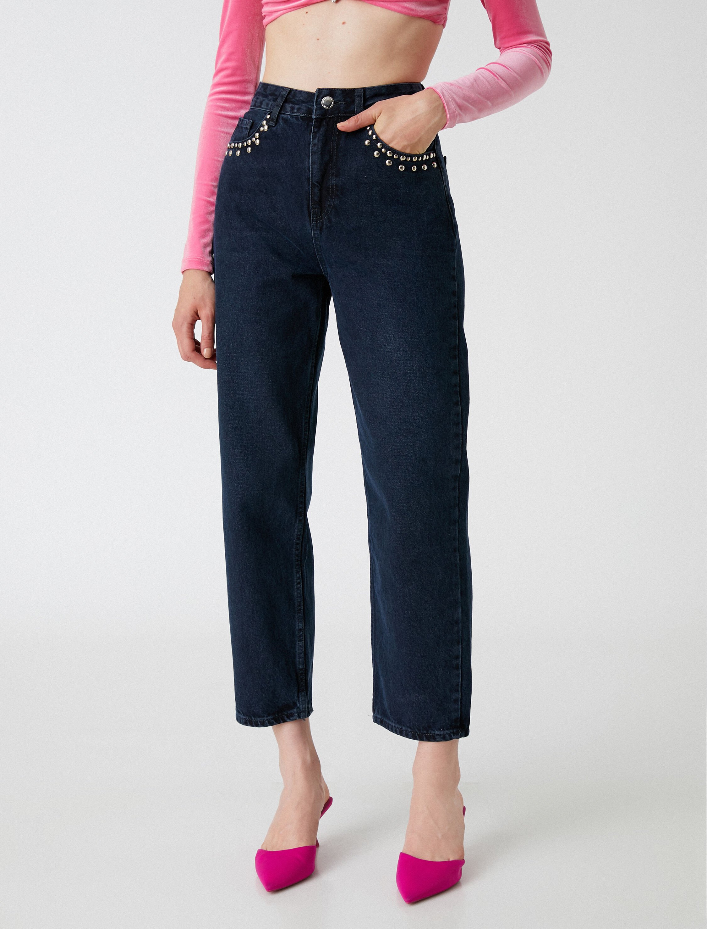   Pul Detaylı Yüksek Bel Kot Pantolon - Straight Fit Eve Jean