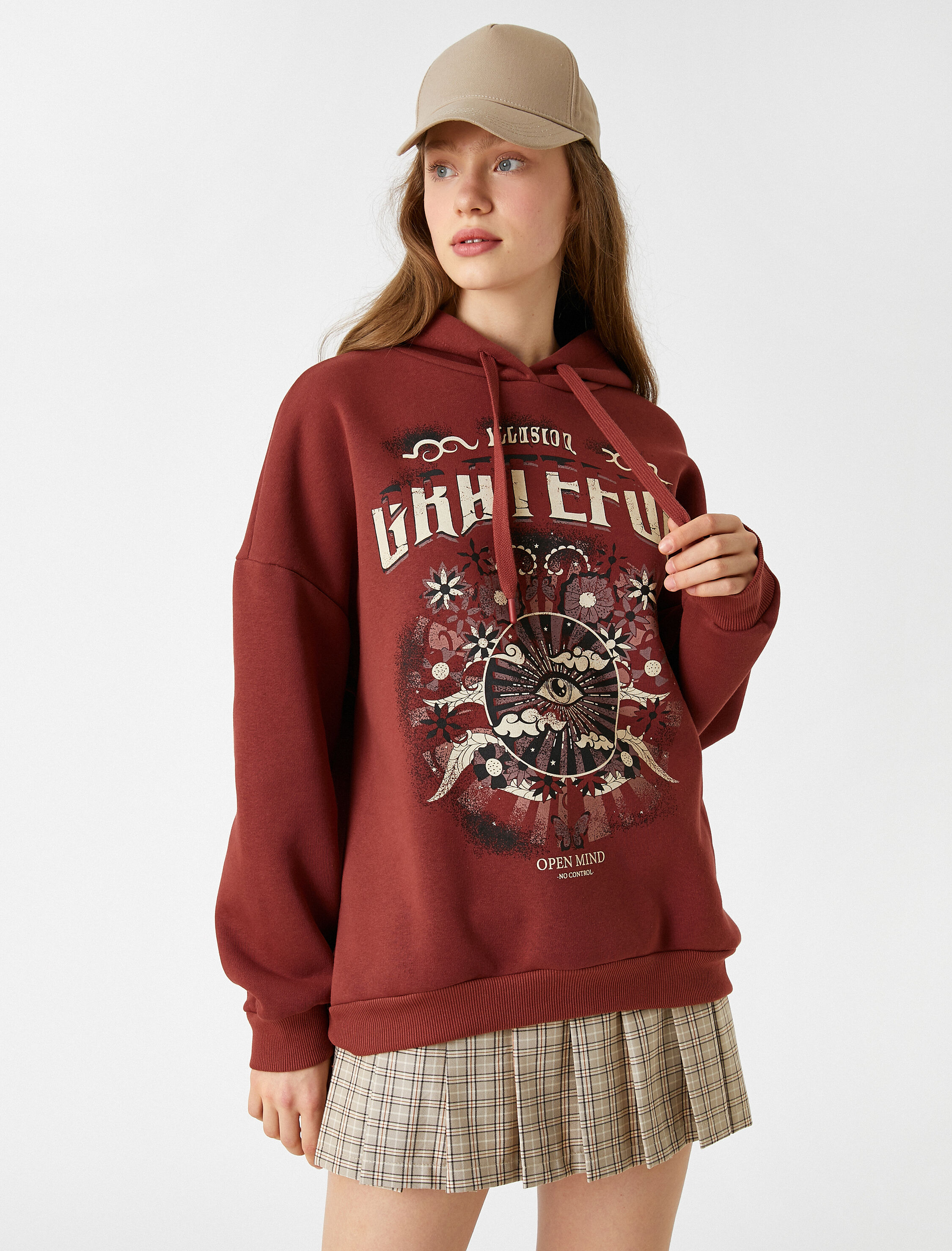   Oversize Baskılı Sweatshirt Kapüşonlu İçi Polarlı