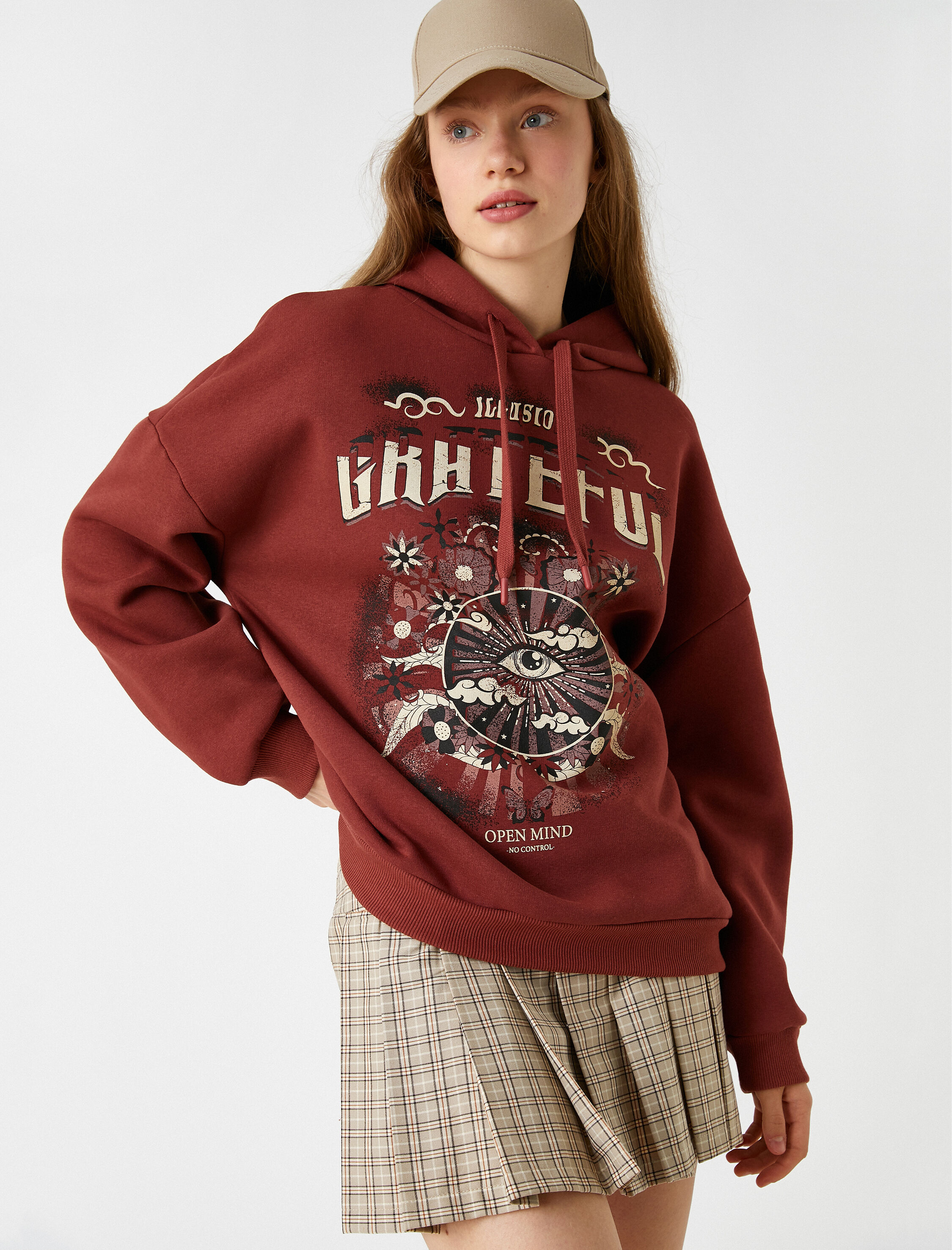   Oversize Baskılı Sweatshirt Kapüşonlu İçi Polarlı