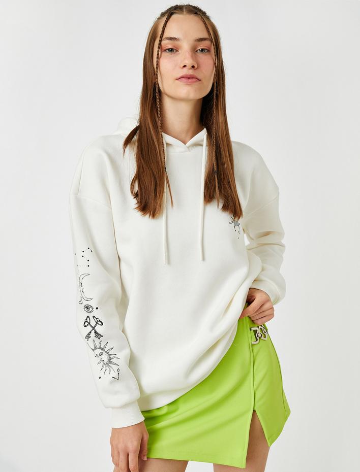  Kapüşonlu Sweatshirt Cepli Baskılı İçi Polarlı