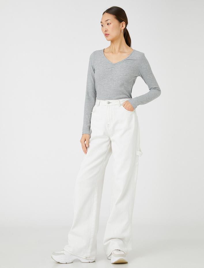  Uzun Kollu Tişört Büzgü Detaylı V Yaka