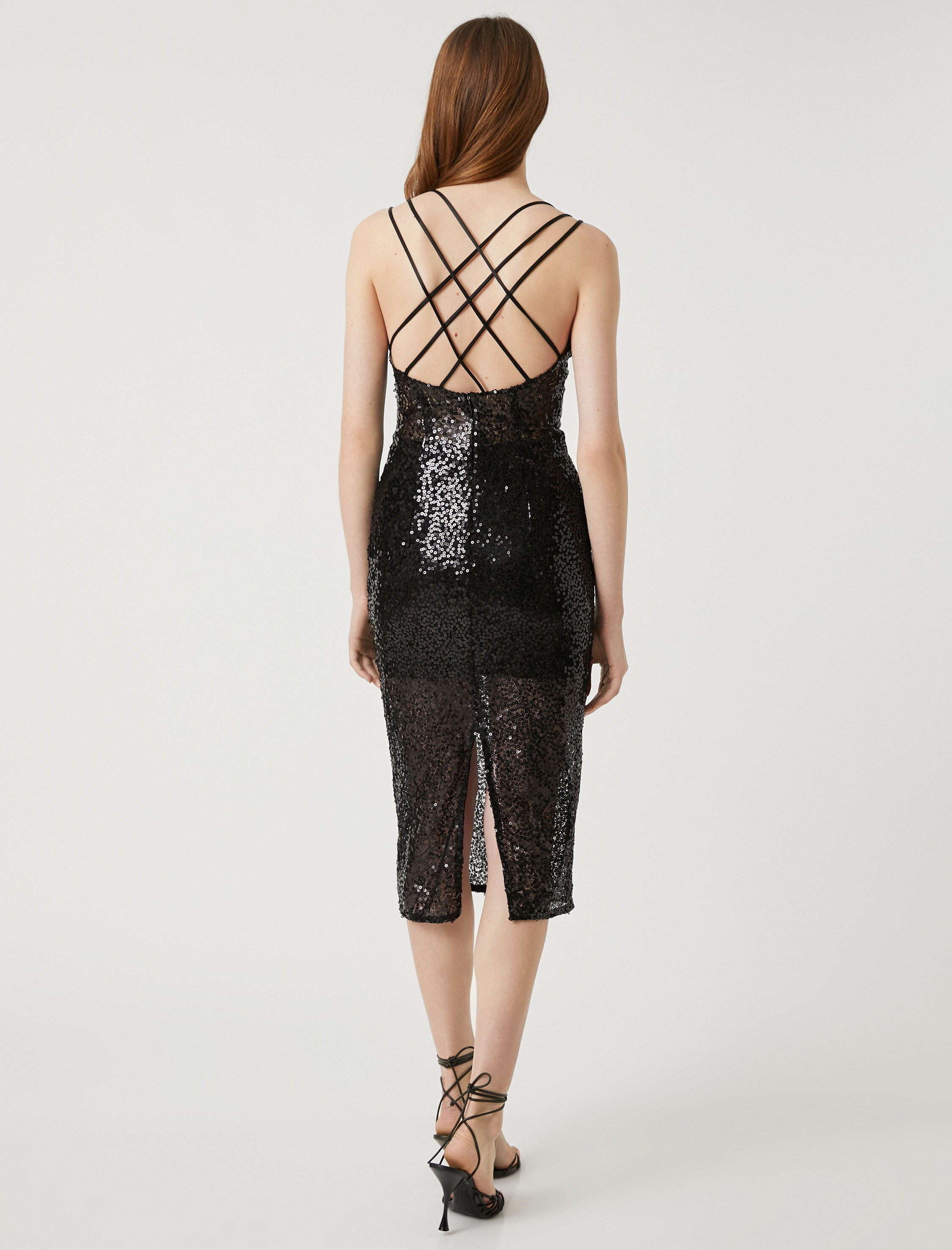   Payetli Midi Boy Abiye Elbise Çapraz Askılı Yırtmaçlı