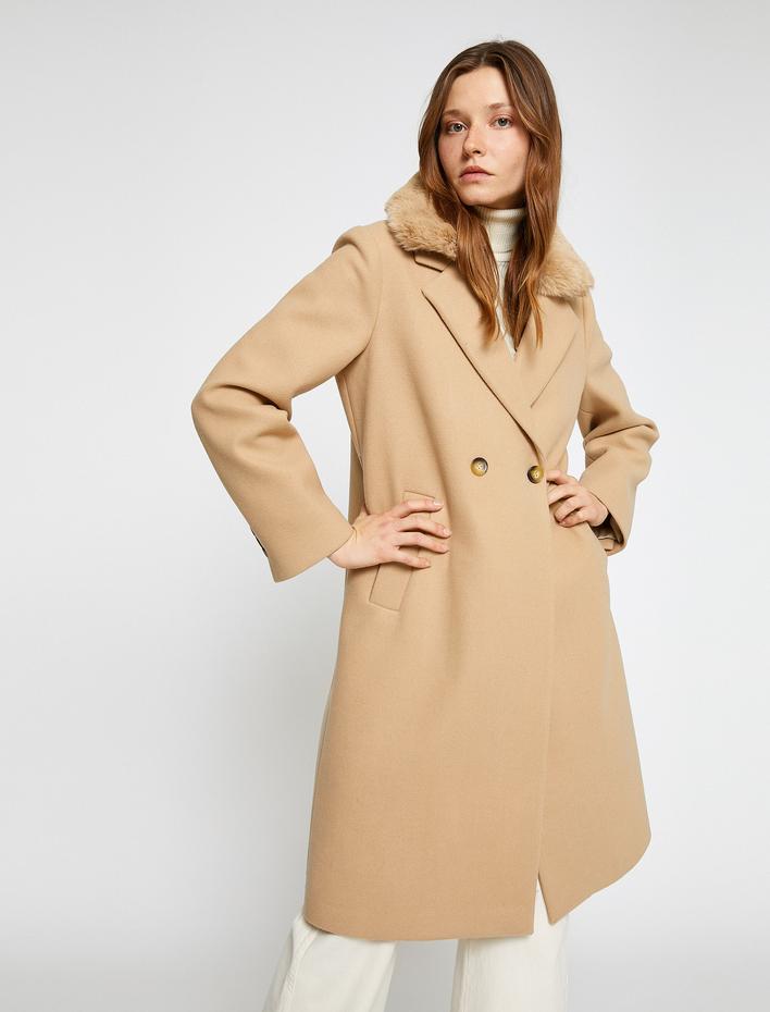  Kruvaze Uzun Kaşe Kaban Peluş Detaylı Cepli