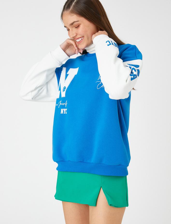  Kolej Sweatshirt Baskılı Uzun Kollu Bisiklet Yaka İçi Polarlı