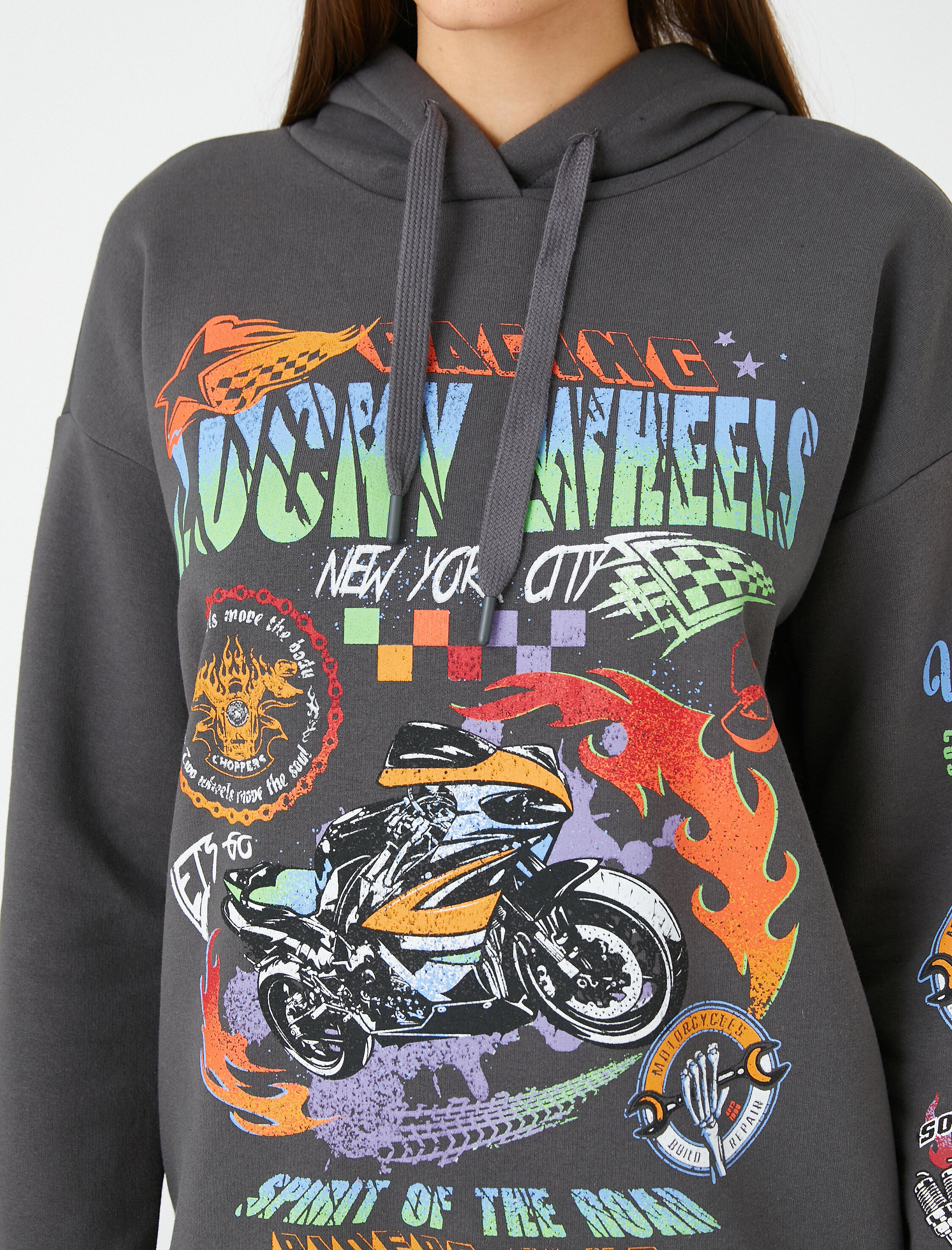   Kapüşonlu Sweatshirt Slogan Baskılı Uzun Kollu İçi Polarlı