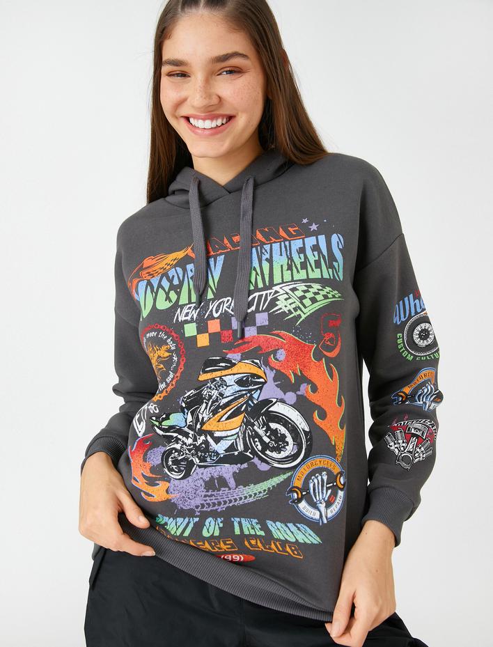  Kapüşonlu Sweatshirt Slogan Baskılı Uzun Kollu İçi Polarlı