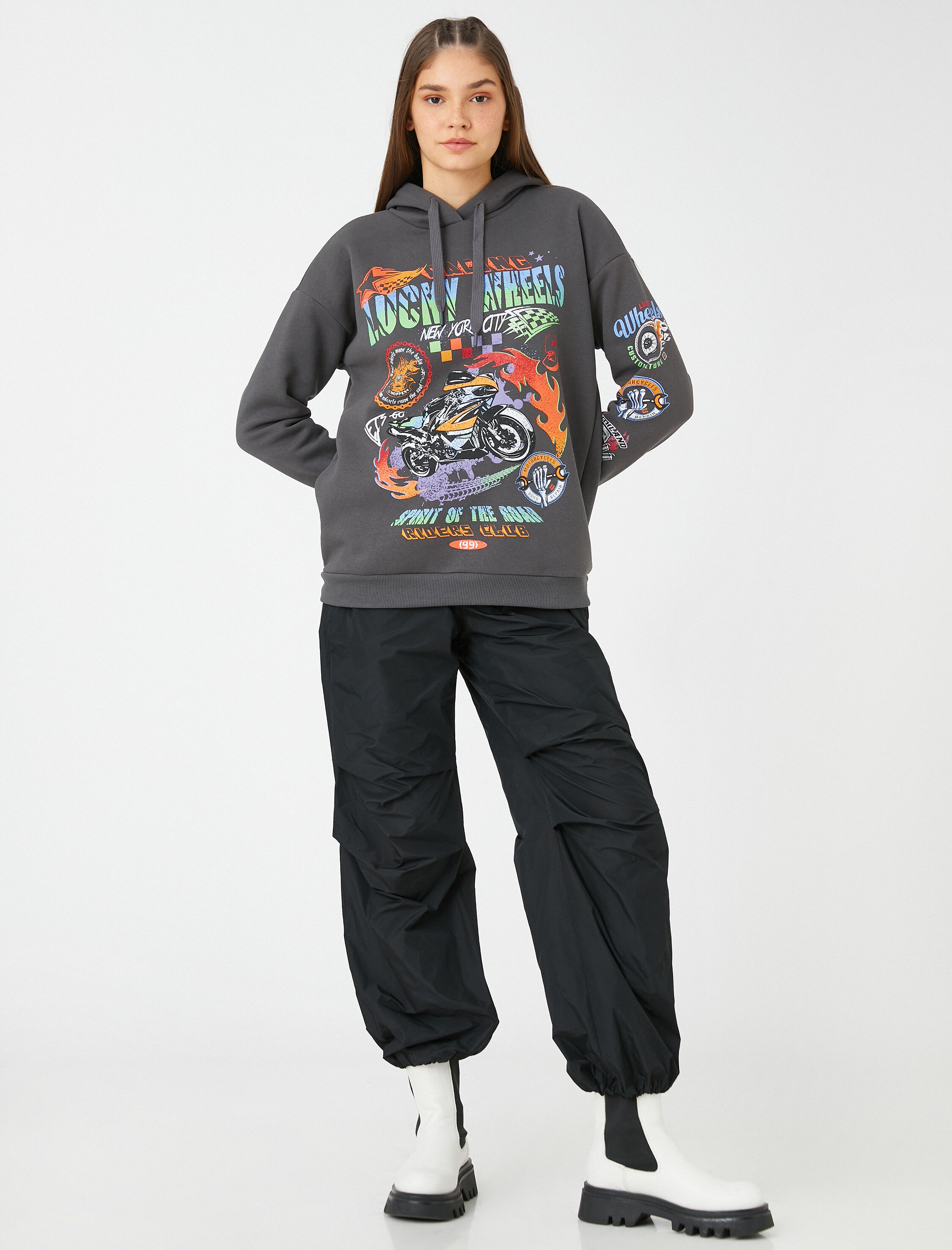   Kapüşonlu Sweatshirt Slogan Baskılı Uzun Kollu İçi Polarlı