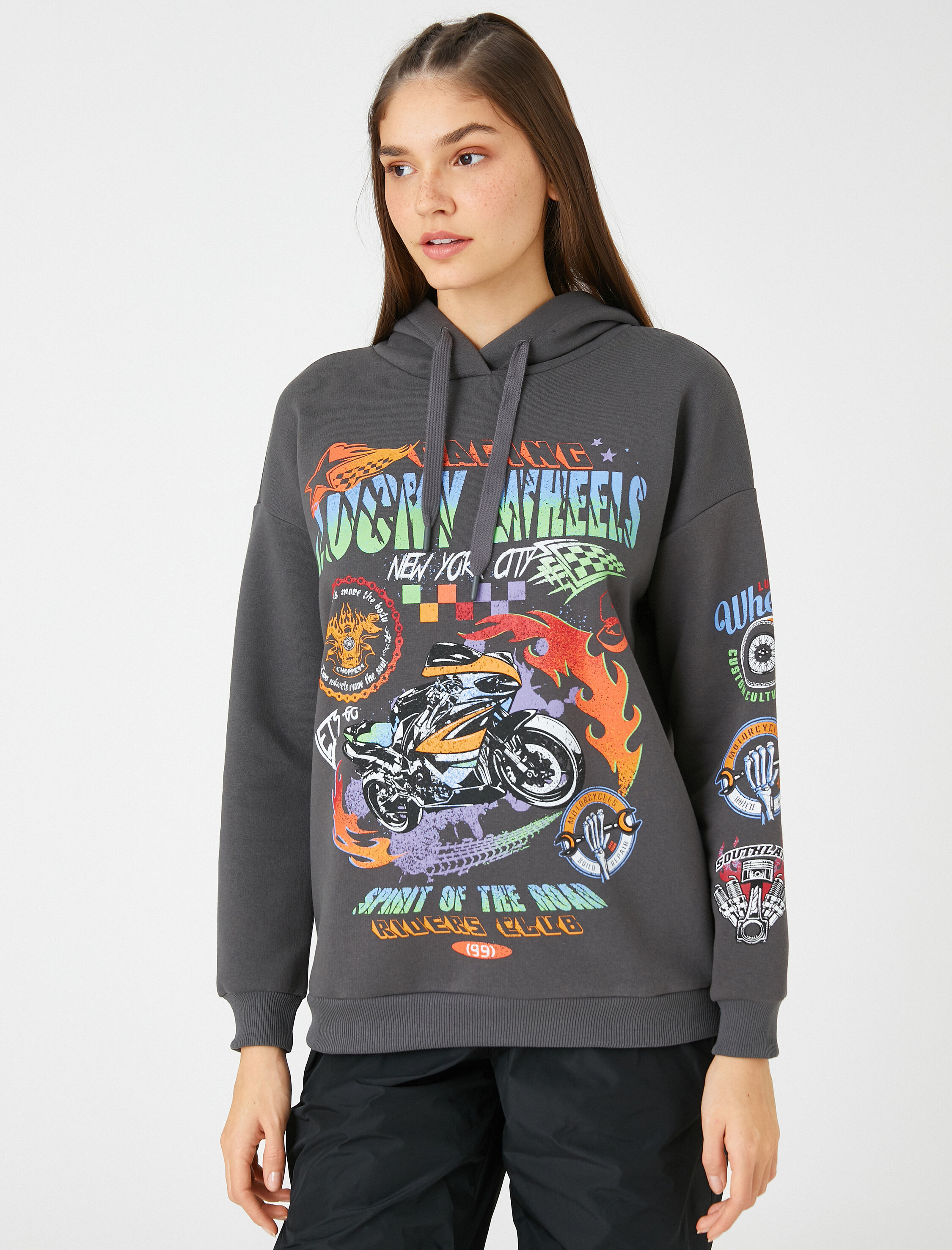   Kapüşonlu Sweatshirt Slogan Baskılı Uzun Kollu İçi Polarlı