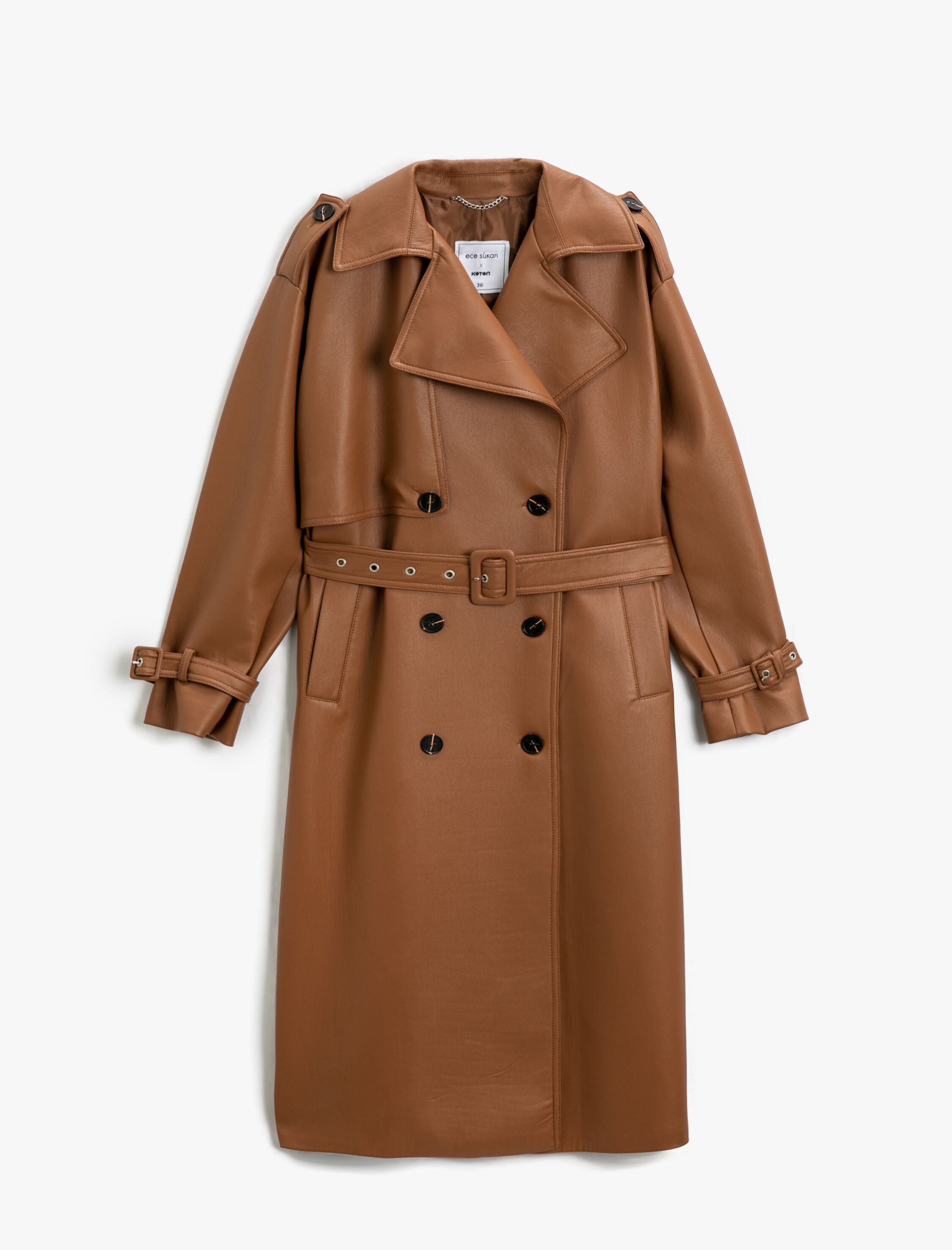   Kemerli Uzun Suni Deri Ceket