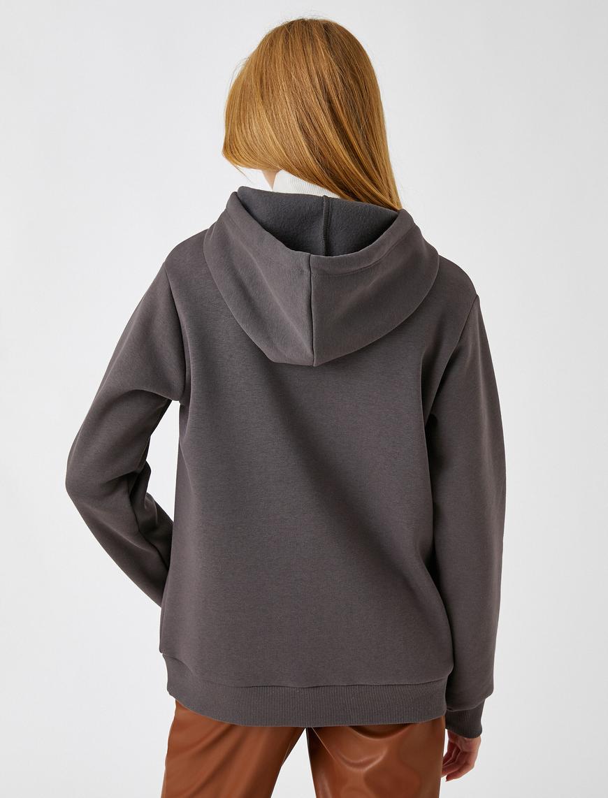   Sweatshirt Kapüşonlu Baskılı Cep Detaylı İçi Polarlı