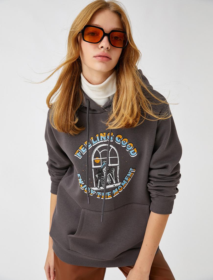   Sweatshirt Kapüşonlu Baskılı Cep Detaylı İçi Polarlı