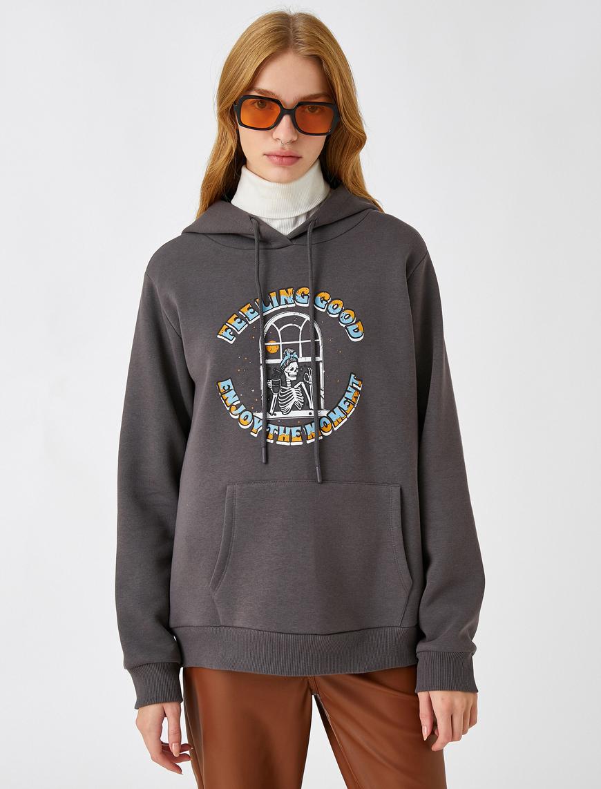   Sweatshirt Kapüşonlu Baskılı Cep Detaylı İçi Polarlı