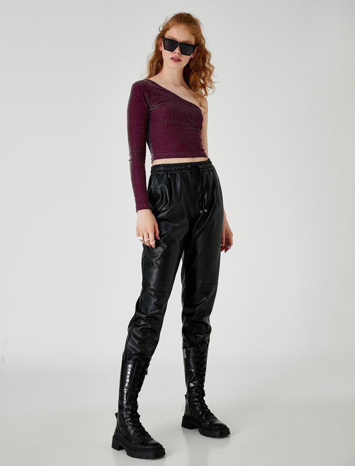  Tek Omuz Tişört Crop Simli Uzun Kollu