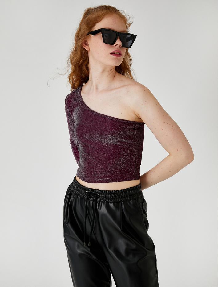  Tek Omuz Tişört Crop Simli Uzun Kollu