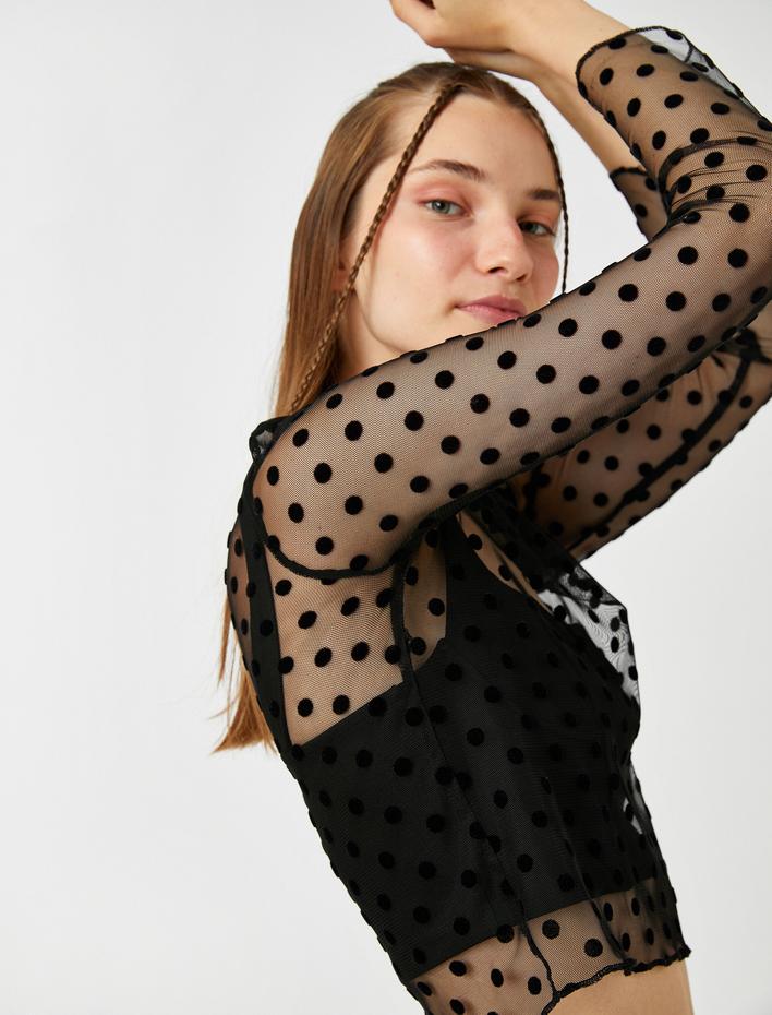  Uzun Kollu Tişört Crop Tül