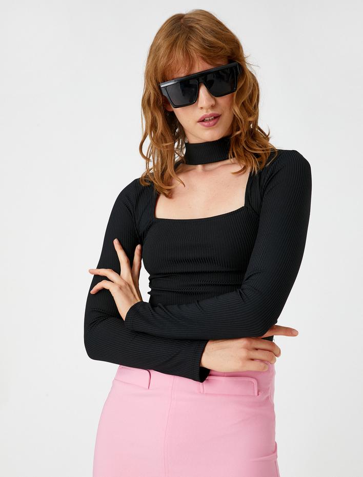  Uzun Kollu Tişört Chocker Yaka Crop
