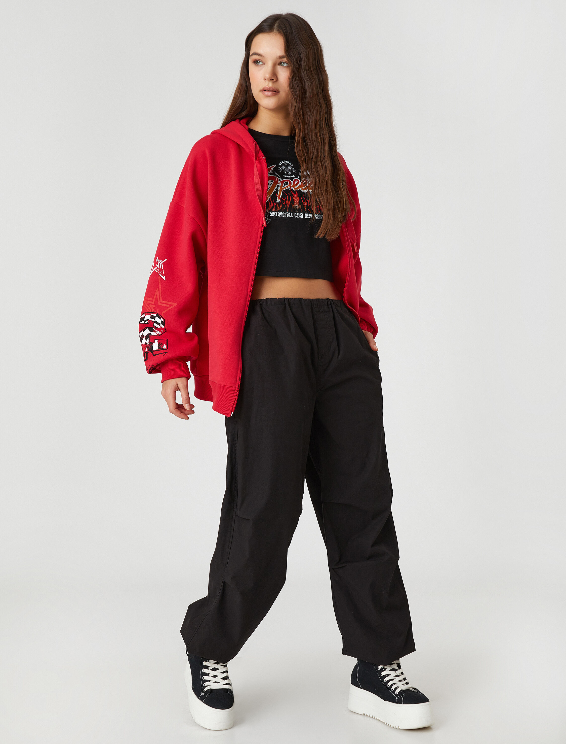   Oversize Sweatshirt Fermuarlı Sırtı Baskılı Uzun Kollu İçi Polarlı