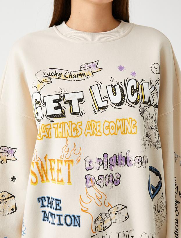   Bisiklet Yaka Sweatshirt Oversize Grafiti Baskılı Uzun Kollu İçi Polarlı