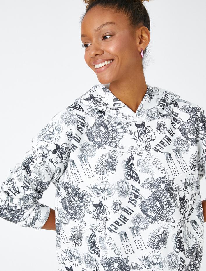  Kapüşonlu Sweatshirt Gotik Baskılı İçi Polarlı