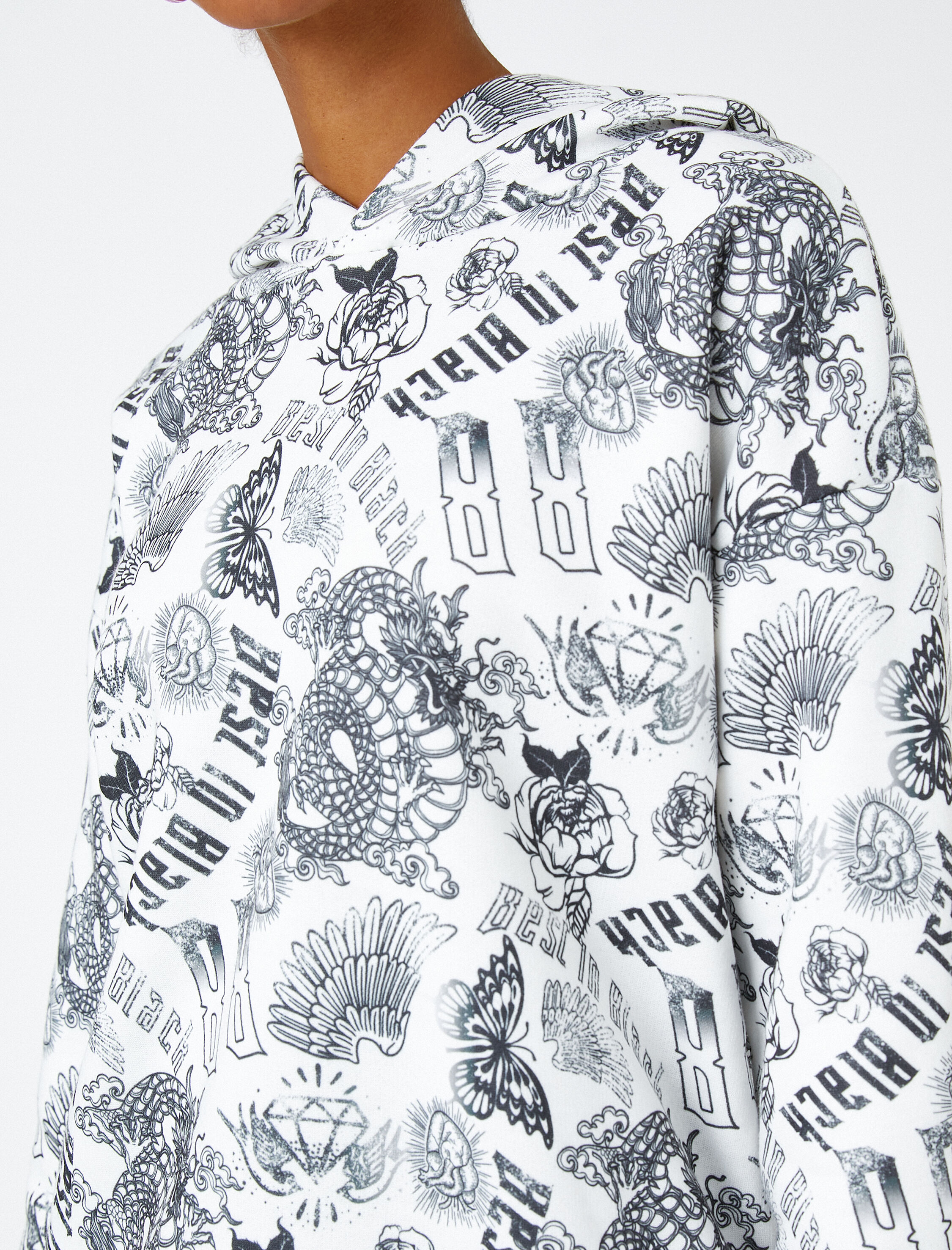   Kapüşonlu Sweatshirt Gotik Baskılı İçi Polarlı