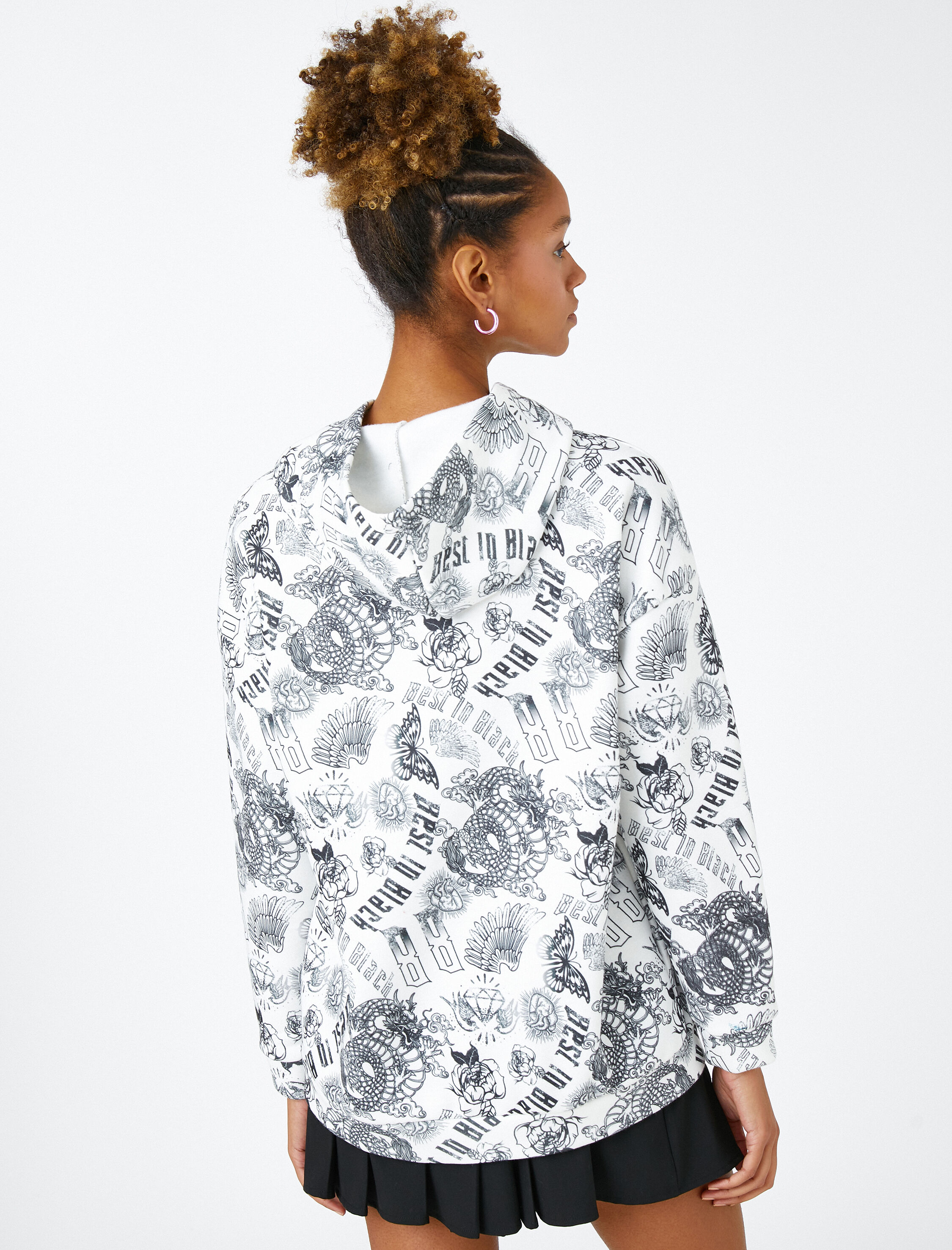   Kapüşonlu Sweatshirt Gotik Baskılı İçi Polarlı