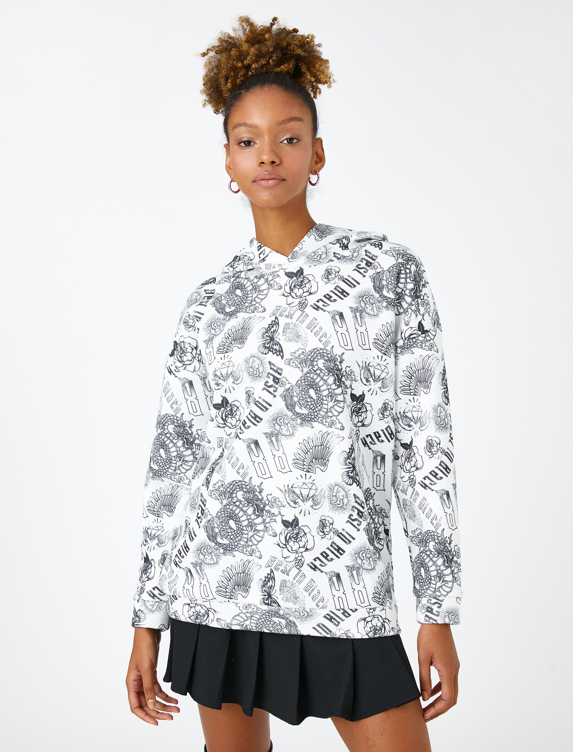   Kapüşonlu Sweatshirt Gotik Baskılı İçi Polarlı