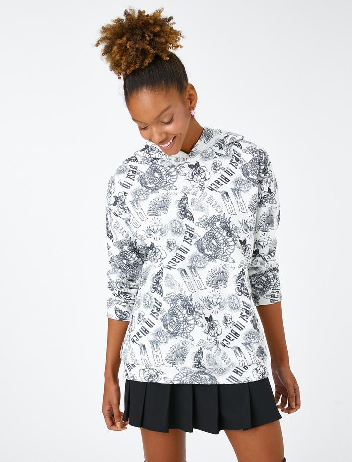  Kapüşonlu Sweatshirt Gotik Baskılı İçi Polarlı