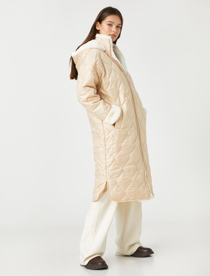  Uzun Şişme Mont İçi Peluş Detaylı Fermuarlı Kapüşonlu Cepli