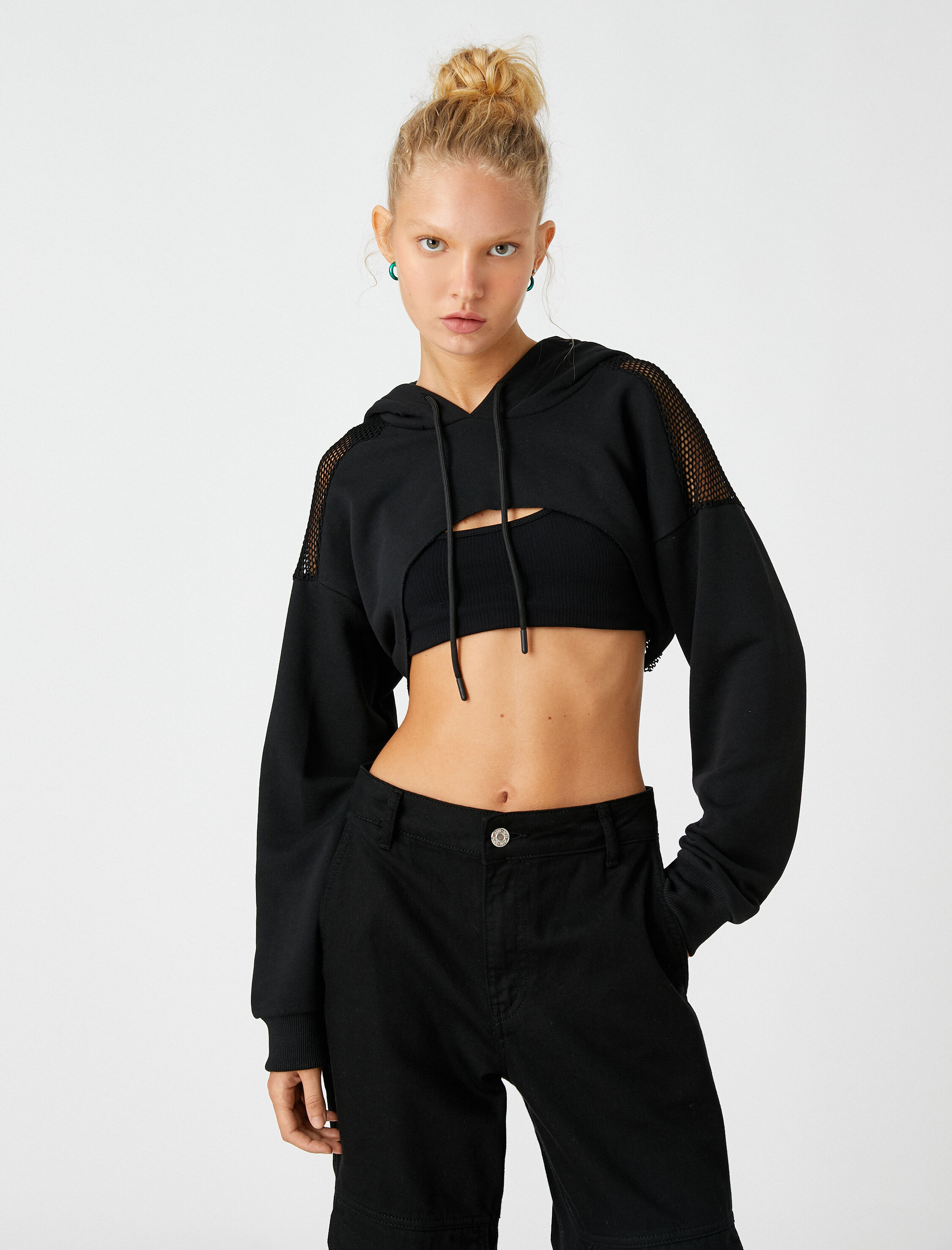   Crop Sweatshirt File Detaylı Kapüşonlu