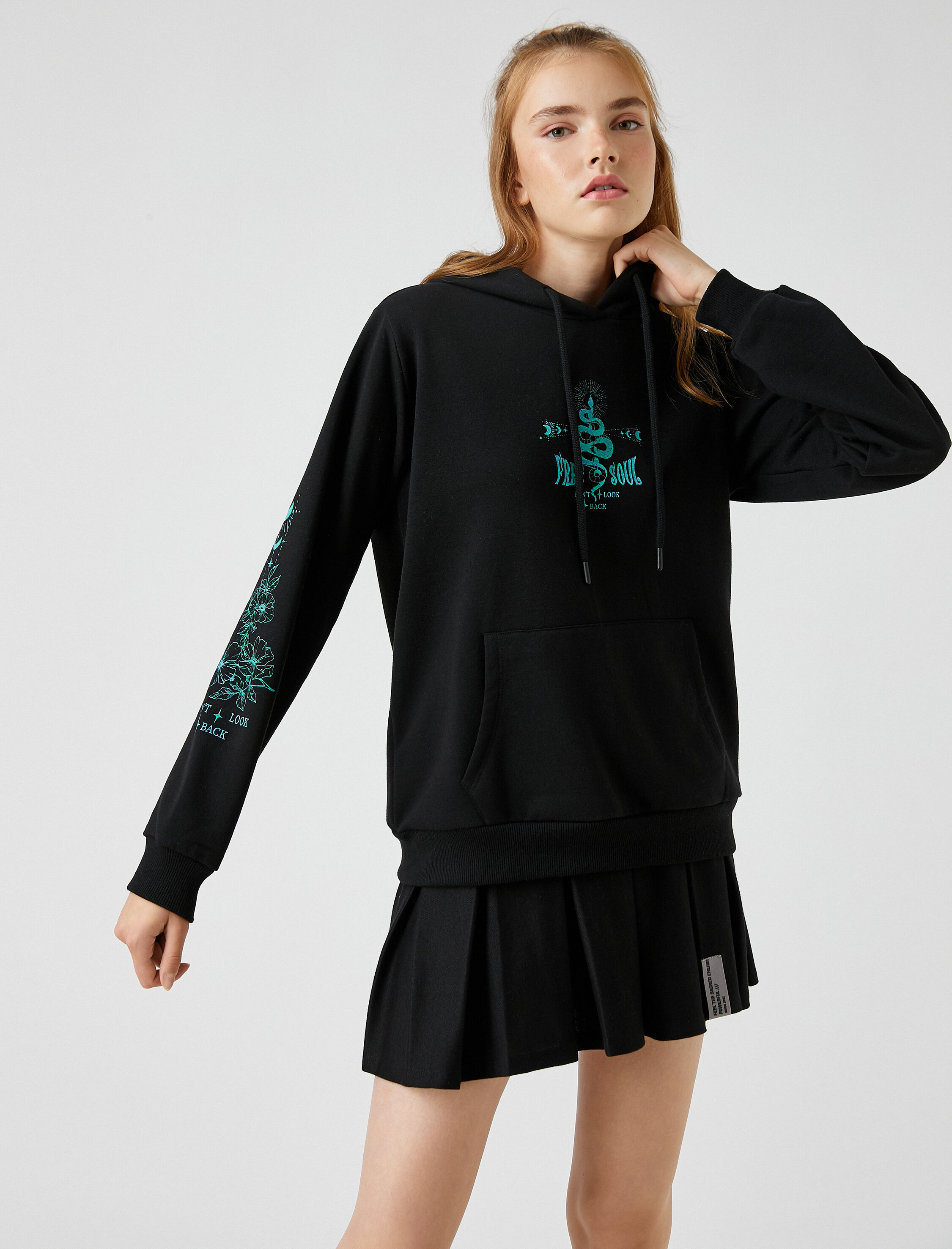   Baskılı Sweatshirt Kapüşonlu İçi Polarlı