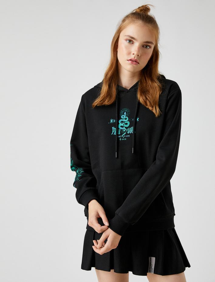  Baskılı Sweatshirt Kapüşonlu İçi Polarlı