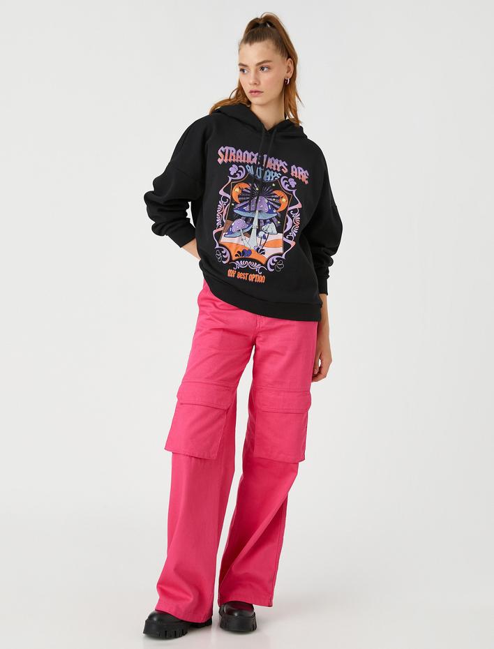  Oversize Sweatshirt Baskılı Kapüşonlu İçi Polarlı