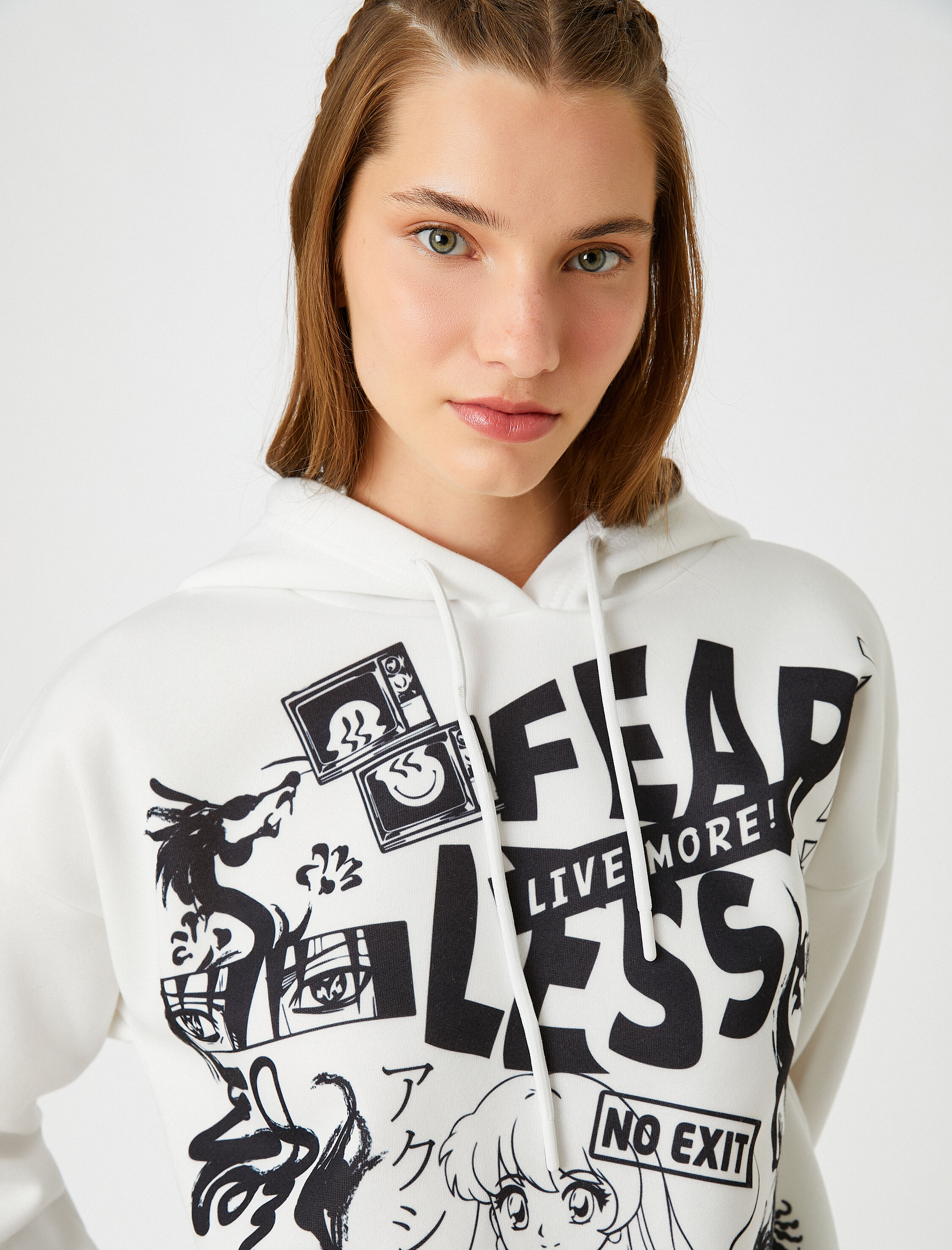   Oversize Baskılı Kapüşonlu Sweatshirt İçi Polarlı