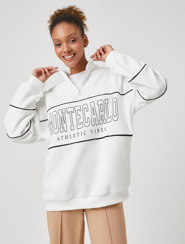   Oversize Sweatshirt Dik Yaka Fermuar Detaylı Uzun Kollu