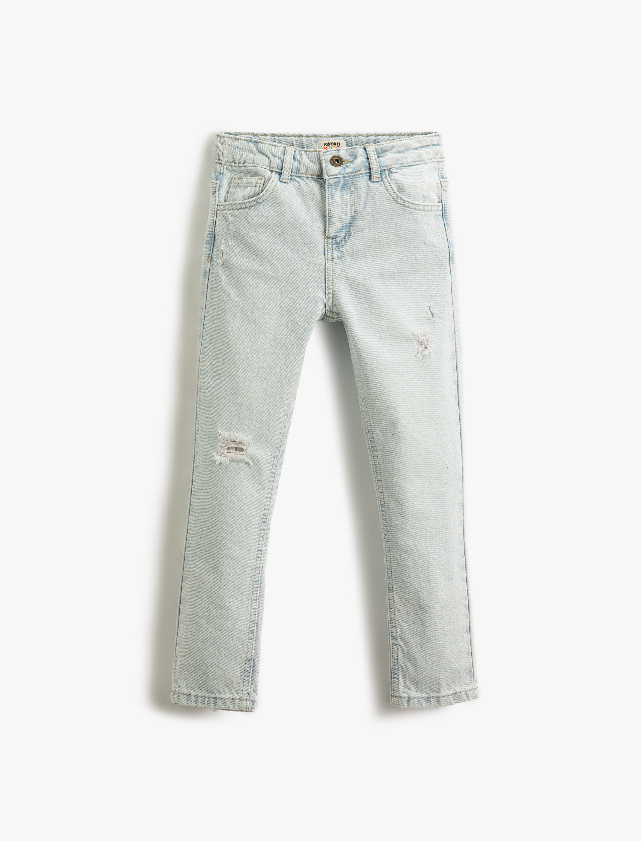  Erkek Çocuk Kot Pantolon Yıpratılmış Detaylı Pamuklu Cepli - Slim Jean  Beli Ayarlanabilir Lastikli