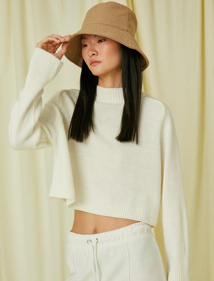  Dik Yaka Crop Triko Kazak Kaşmir Dokulu