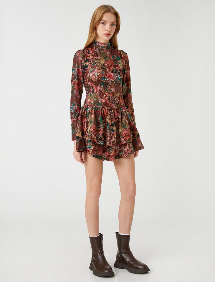  Çiçekli Kışlık Elbise Uzun Kollu Dik Yaka Volanlı Desenli