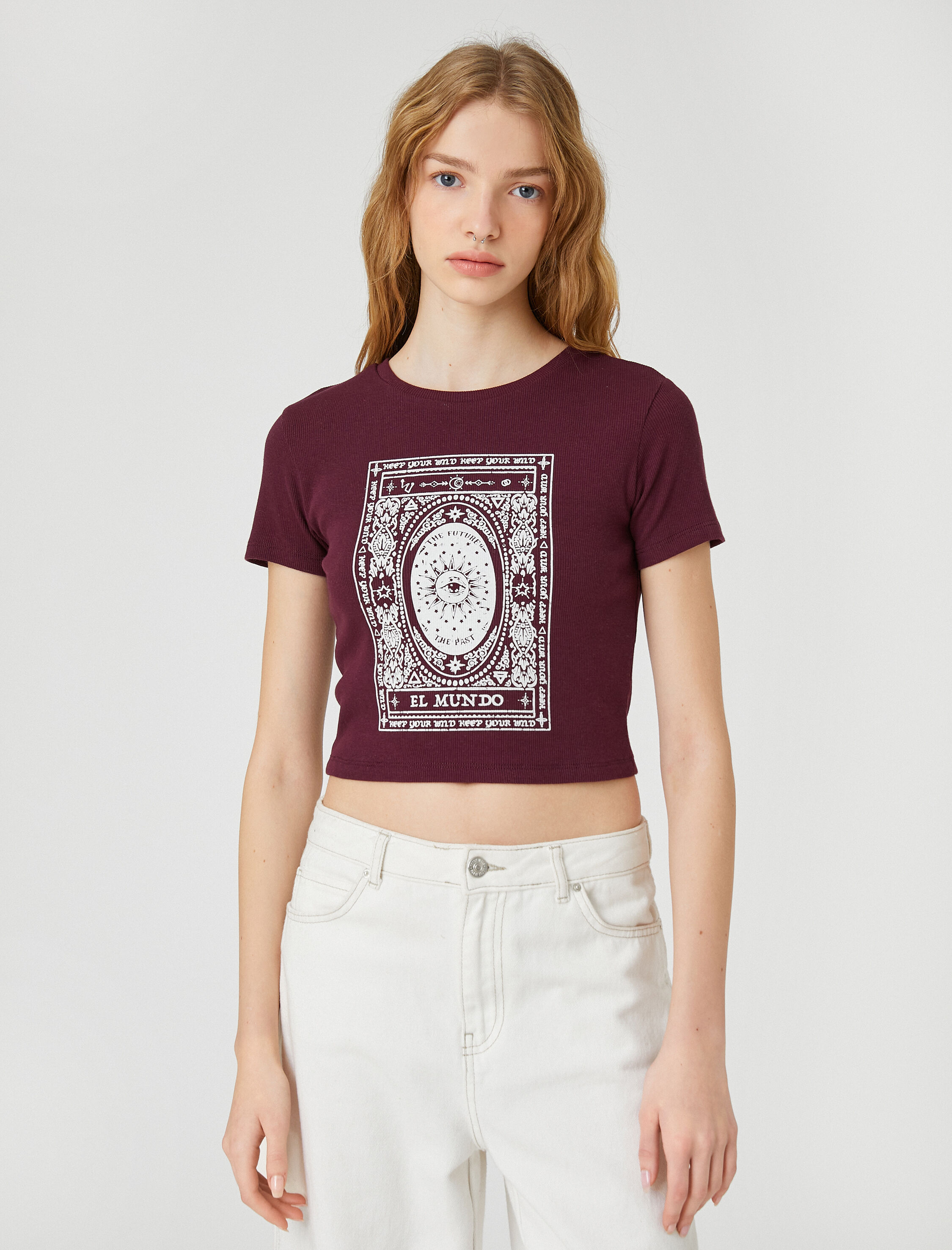   Crop Tişört Pamuklu Kısa Kollu Bisiklet Yaka Baskılı