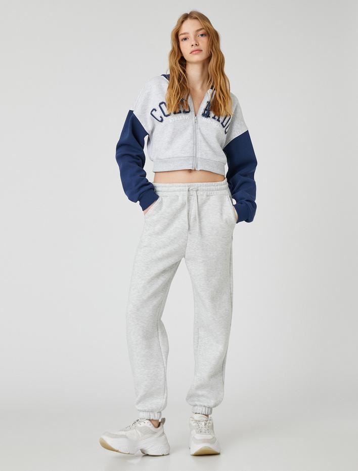  Şardonlu Crop Sweatshirt Fermuarlı Kapüşonlu Kolej Baskılı