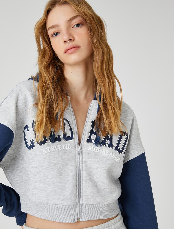  Şardonlu Crop Sweatshirt Fermuarlı Kapüşonlu Kolej Baskılı