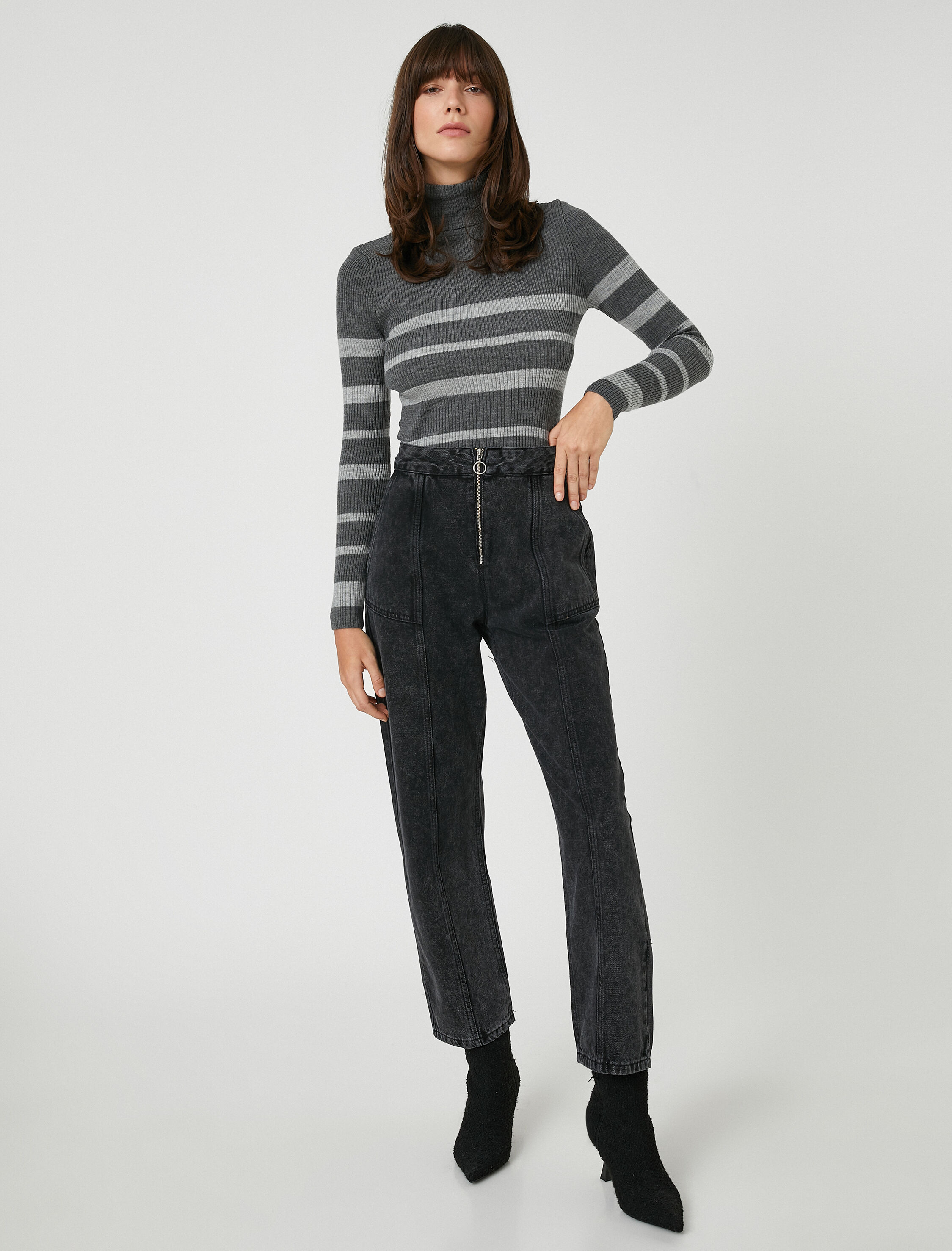   Yüksek Bel Kot Pantolon Düz Paça Fermuarlı - Eve Jean