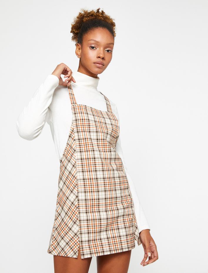  Salopet Elbise Ekoseli Yırtmaç Detaylı Askılı