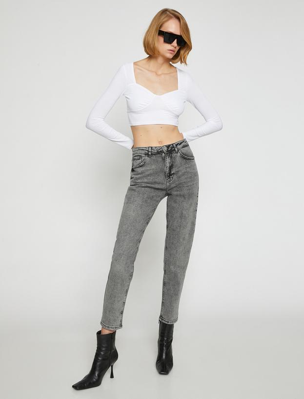  Yüksek Bel Kot Pantolon Yüksek Bel Hafif Dar Paça - Mom Slim Jean