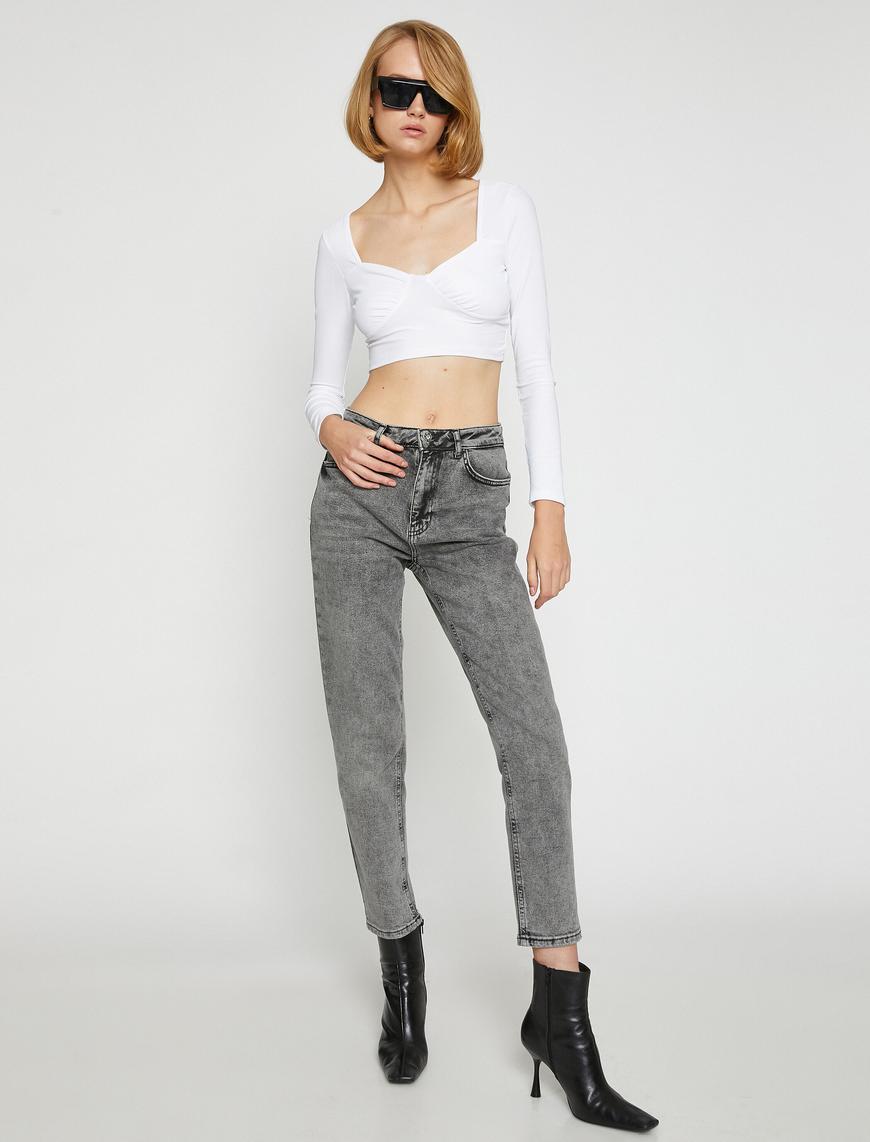   Yüksek Bel Kot Pantolon Yüksek Bel Hafif Dar Paça - Mom Slim Jean