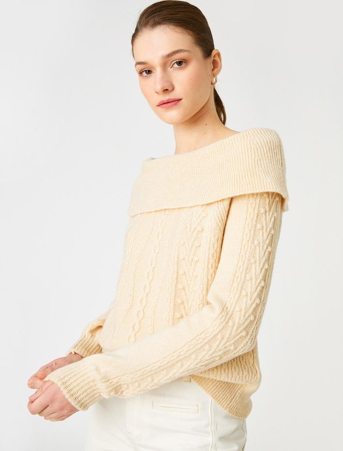  Kayık Yaka Kazak Örgü Detaylı