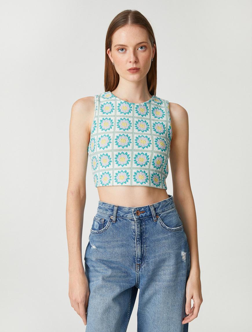   Çiçekli Crop Bluz Kolsuz Bisiklet Yaka