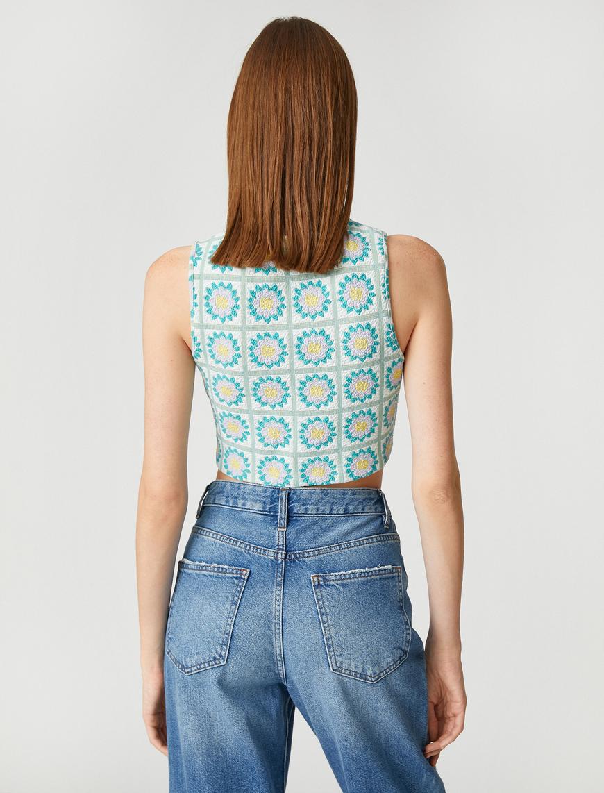   Çiçekli Crop Bluz Kolsuz Bisiklet Yaka